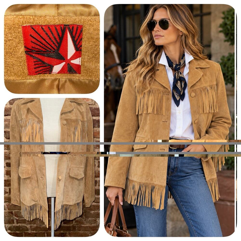 Vintage 90s Marlboro Miles Tan Brown Suede Fringe Western Jacket Red Star Sz L